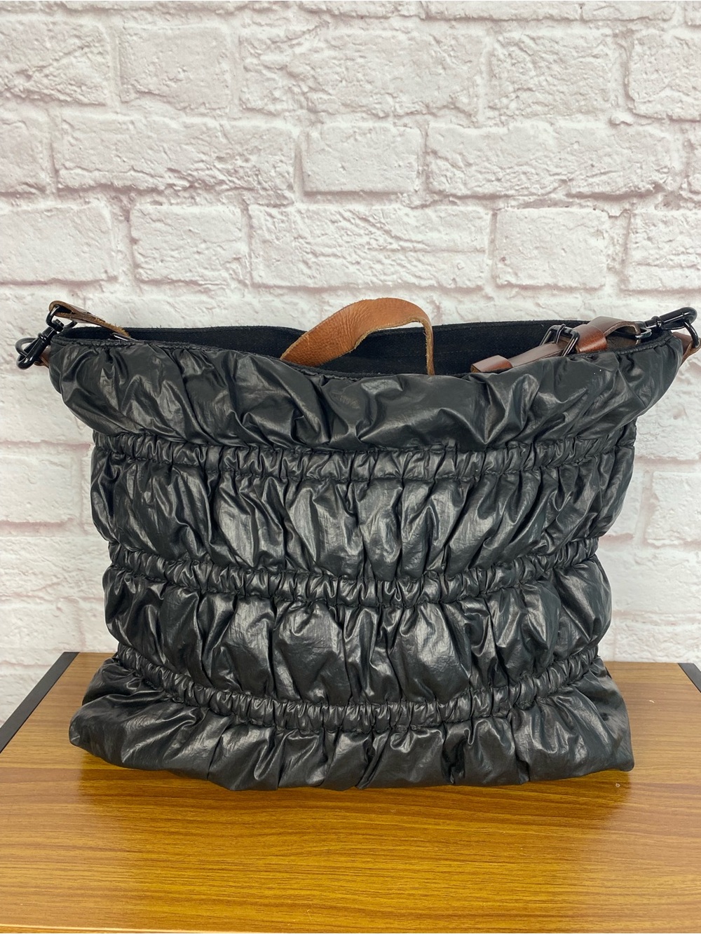 Liebeskind Berlin Black Ruched Tote Bag with Brown Handles